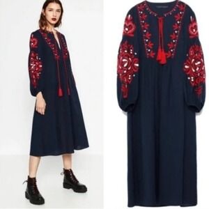 Zara Woman Navy Blue Embroidered Tassel Midi Dress Red Floral Boho 0881/010